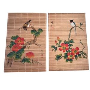 Vintage Asian Bamboo Scroll Wall Hanging Hand Painted Birds‎ Floral